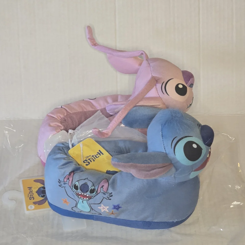 Disney Stitch & Angel Slippers Kids Size 11/12 Plush Lilo & Stitch Blue Pink